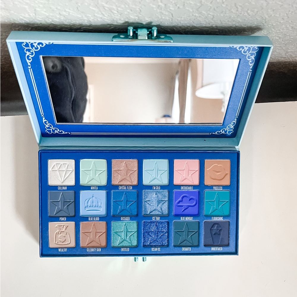 Jeffree Star Blueblood Eyeshadow Palette, only swatched once, 18 pan blue tones
